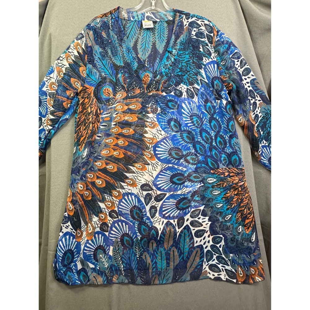 Rima Beachworld Women Plus Blue Peacock Feather Chiffon Sequin V-Neck Tunic Top